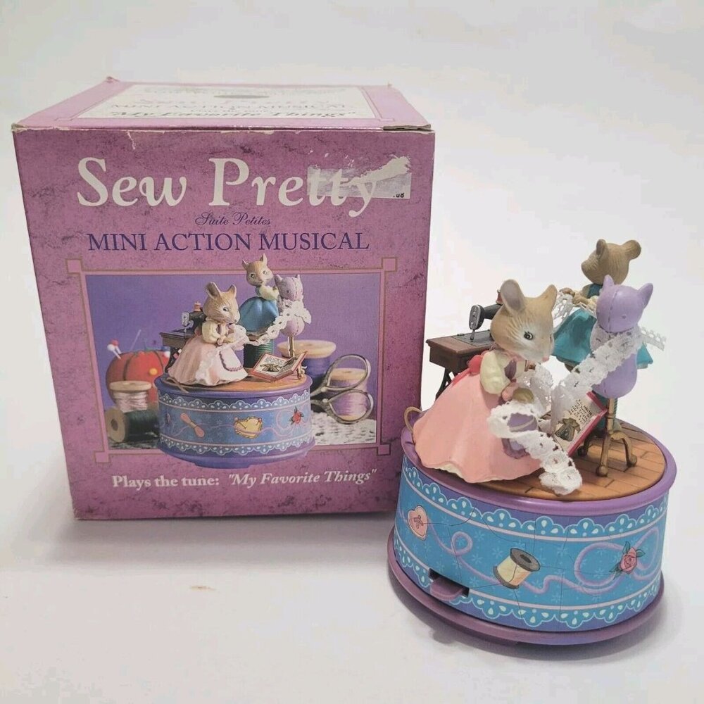 Vintage Enesco Sew Pretty My Favorite Things Music Box Mice Sewing Knitting